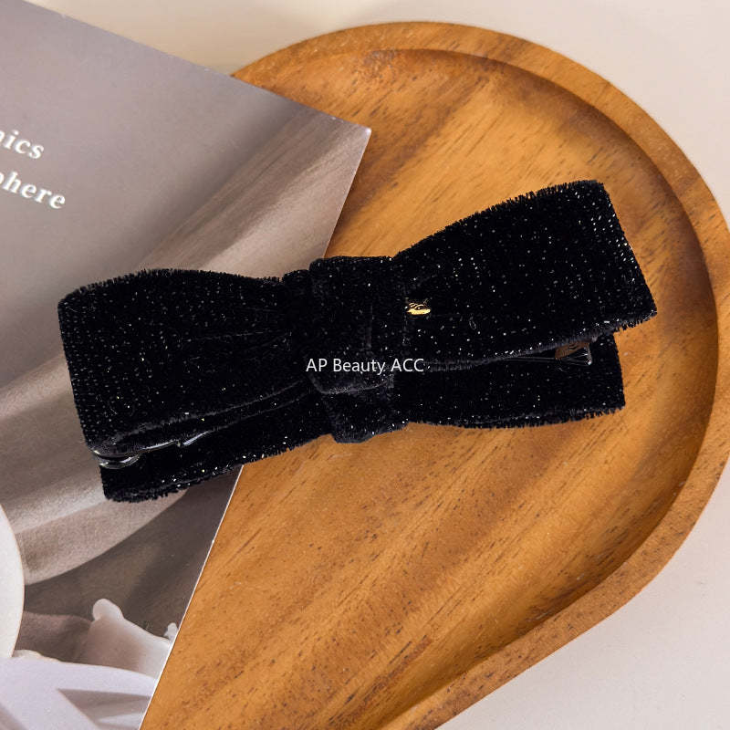 E廠-復古金絲絨細閃蝴蝶結香蕉夾女扭扭夾秋冬新款高馬尾竪夾髮卡髮飾「27763」25.12-1