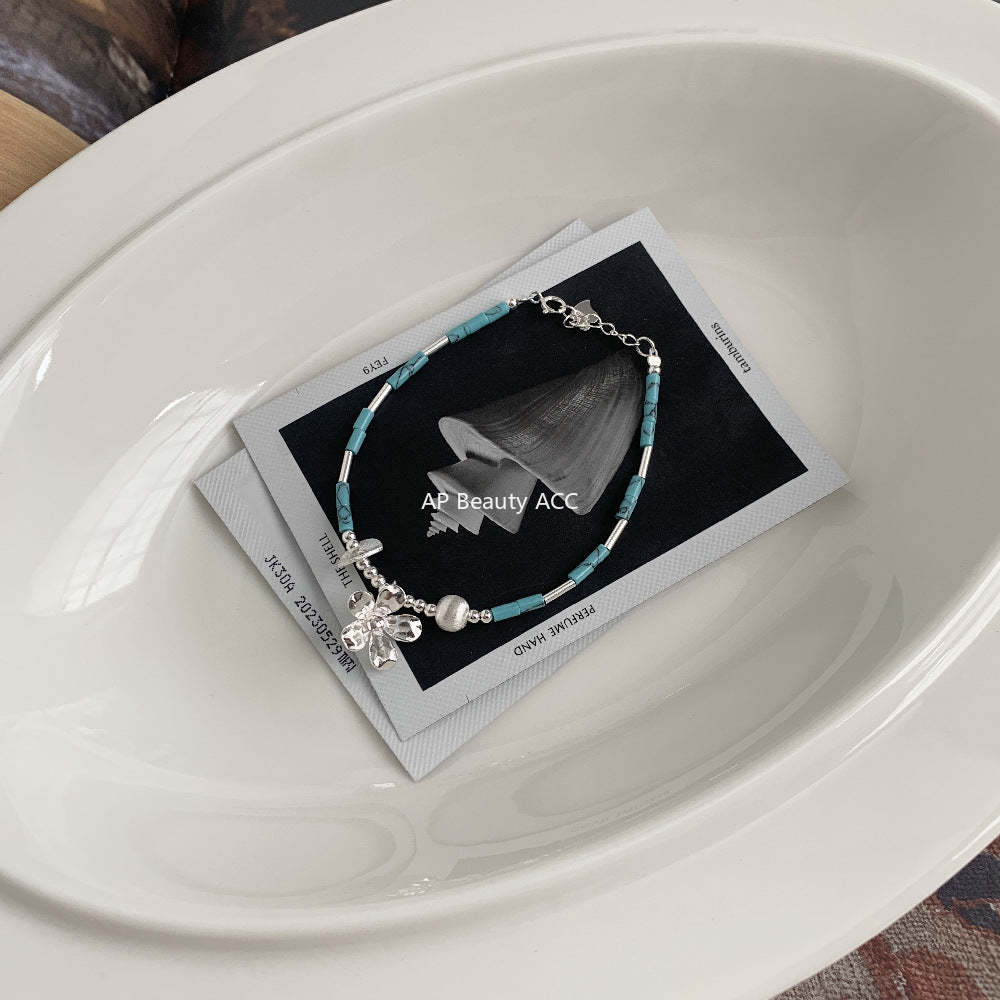 C廠-泰國清邁風手工銀花朵藍松石天然虎眼石直管S925純銀手鍊「1399」25.11-3