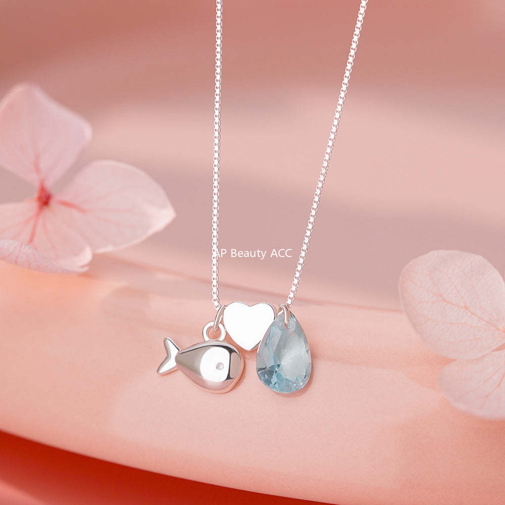 D廠-純銀S925藍色水滴小魚項鍊女小眾設計感少女感輕奢高級鎖骨鏈批發「YC0450N_1」25.12-2