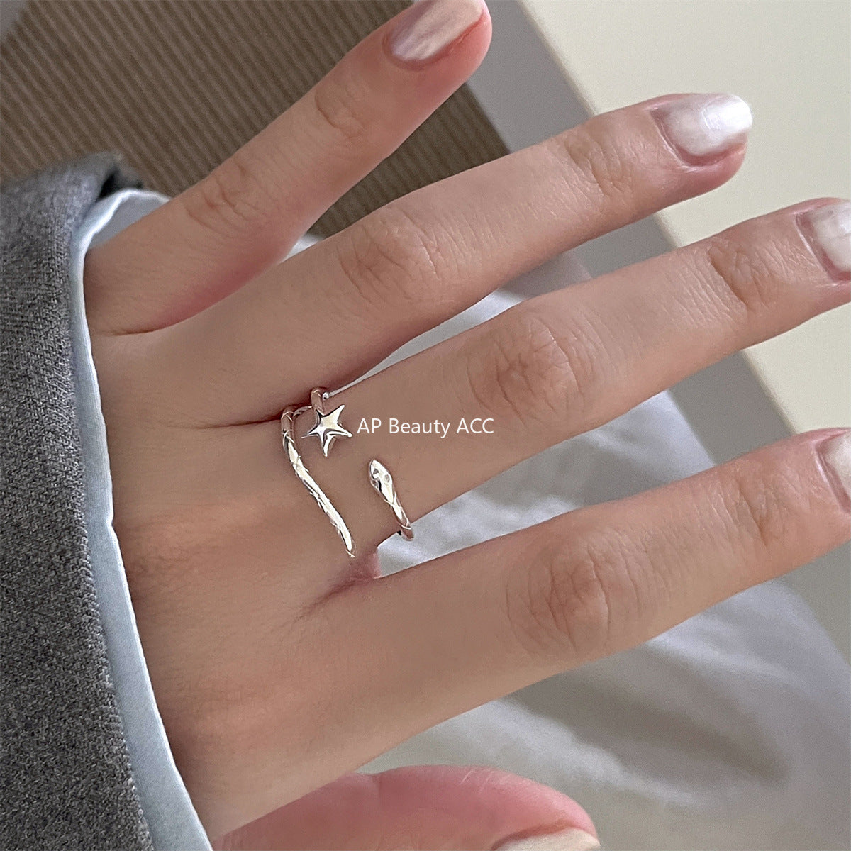 C廠-韓版簡約小巧可愛星星純銀戒指女輕奢高級感形狀蛇形食指戒新指環「JZ-0718」25.10-3