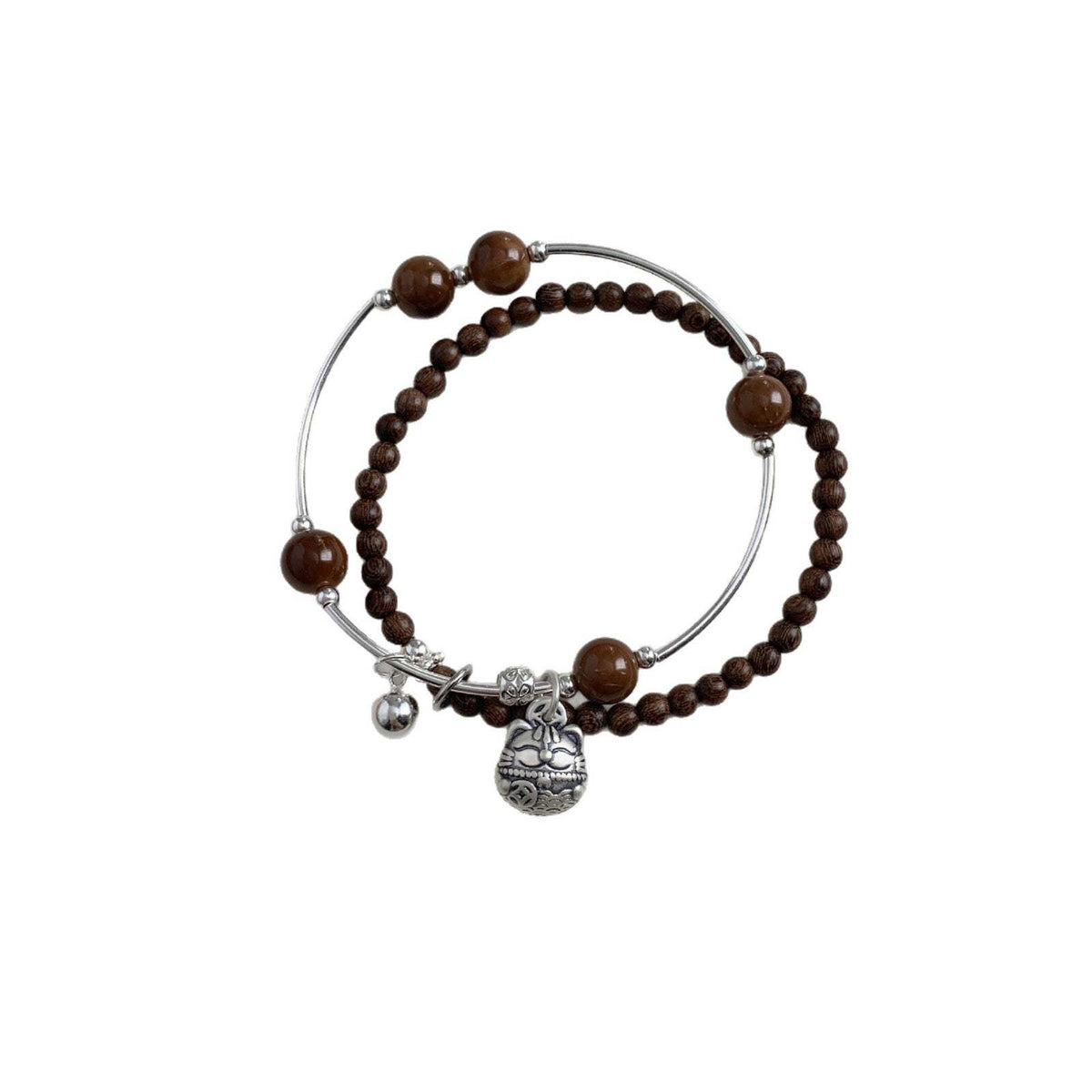 C廠-古風招財貓菩提金絲楠木S925純銀手鍊通體銀「1531」25.11-3