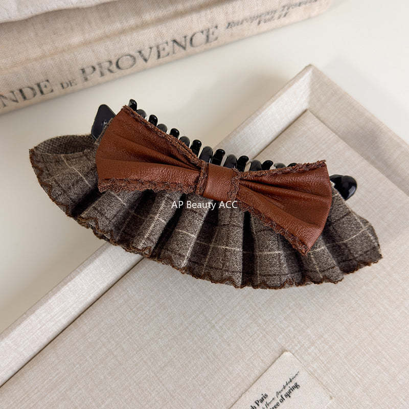E廠-復古格紋學院風可露麗香蕉夾後腦勺蝴蝶結髮夾髮卡竪式高馬尾髮飾「27719」25.11-4