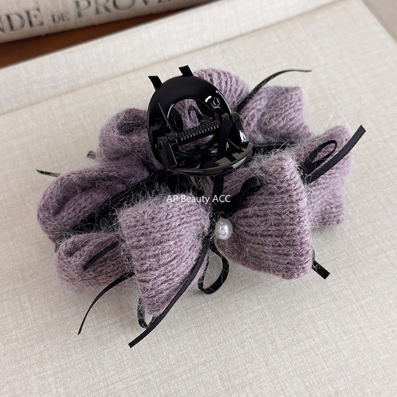 E廠-秋冬氛圍感韓系兔毛毛線珍珠絲帶蝴蝶結抓夾後腦勺髮夾精緻鯊魚夾「27667」25.11-2