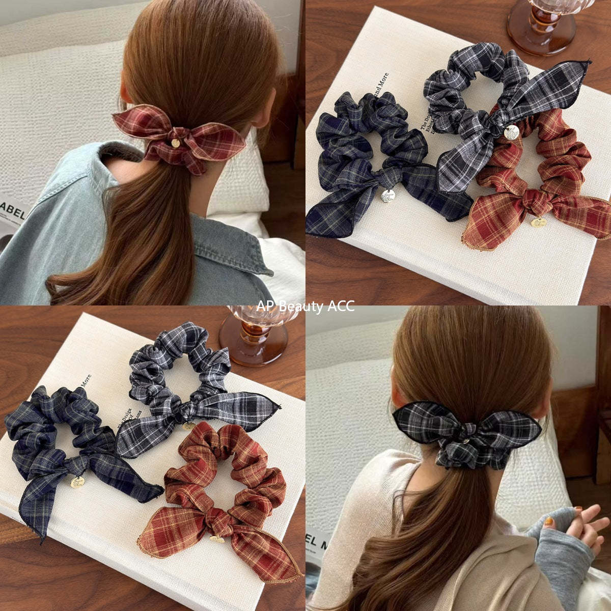 E廠-復古格紋學院風蝴蝶結髮圈減齡時尚百搭髮繩皮筋小腸髮圈頭飾品「27646」25.11-1