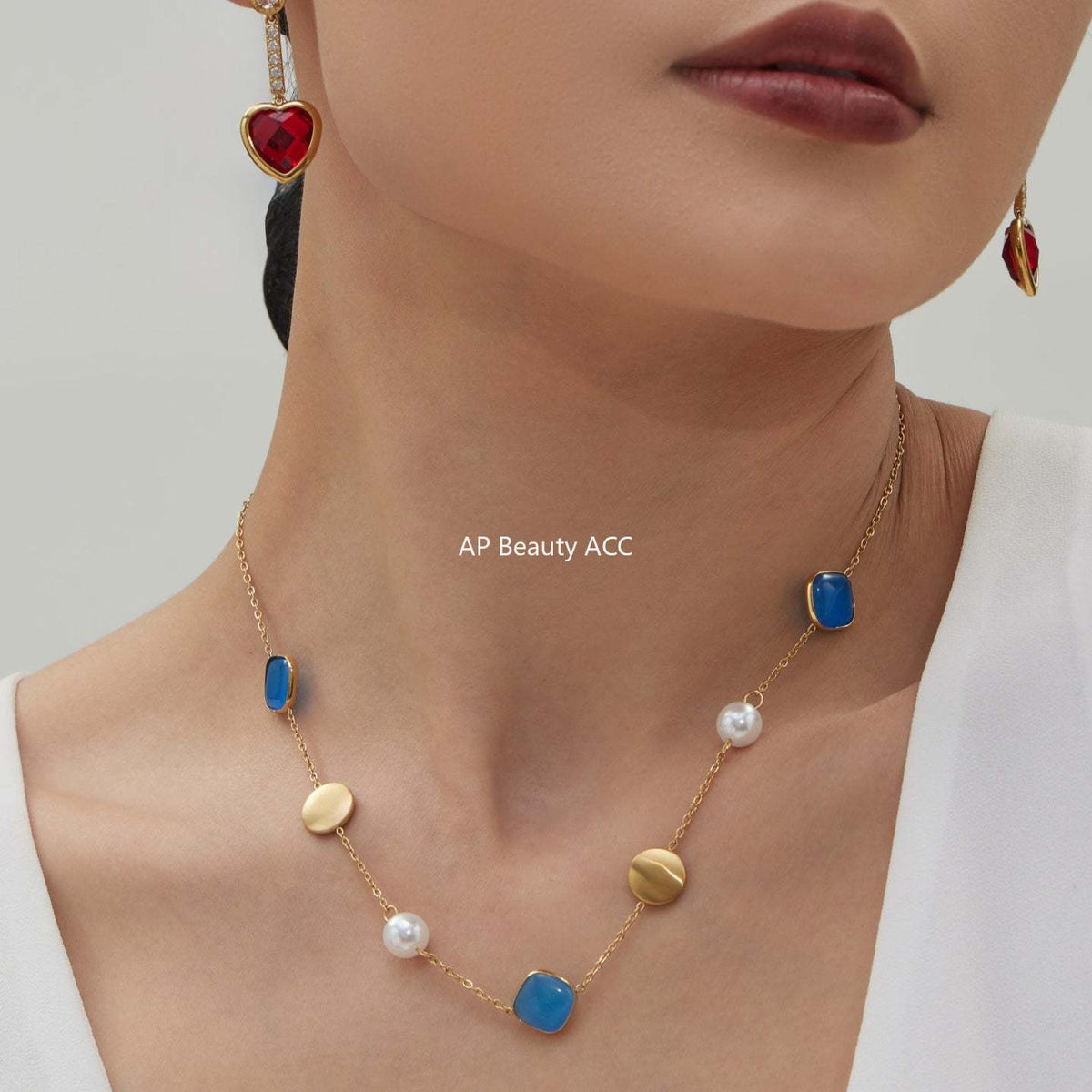 B廠-不鏽鋼貓眼石多色手工串膠珠鎖骨項鍊鍍18k真金質感女款珠寶首飾「P822」25.12-2