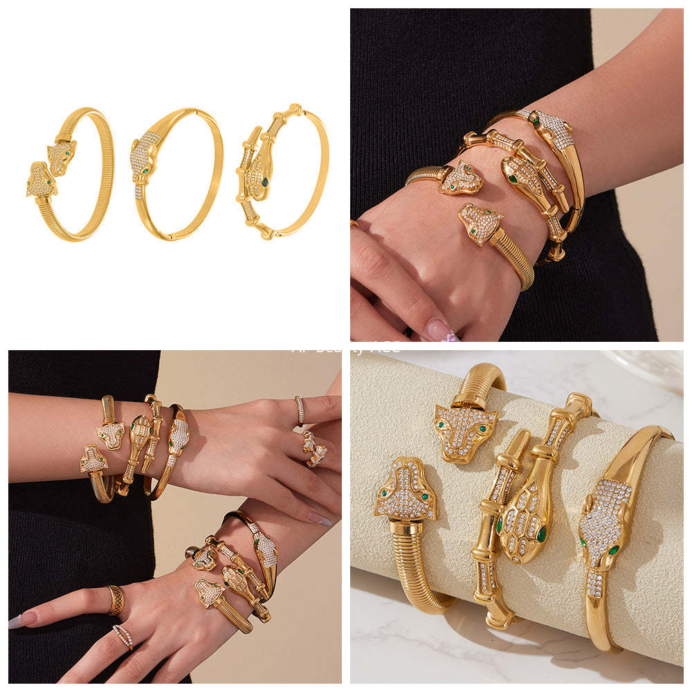 B廠-歐美新款雙豹子頭滿鑽5A鋯石開口彈力手鐲不鏽鋼鍍18k真金「Z506-Z507-Z508」25.10-5