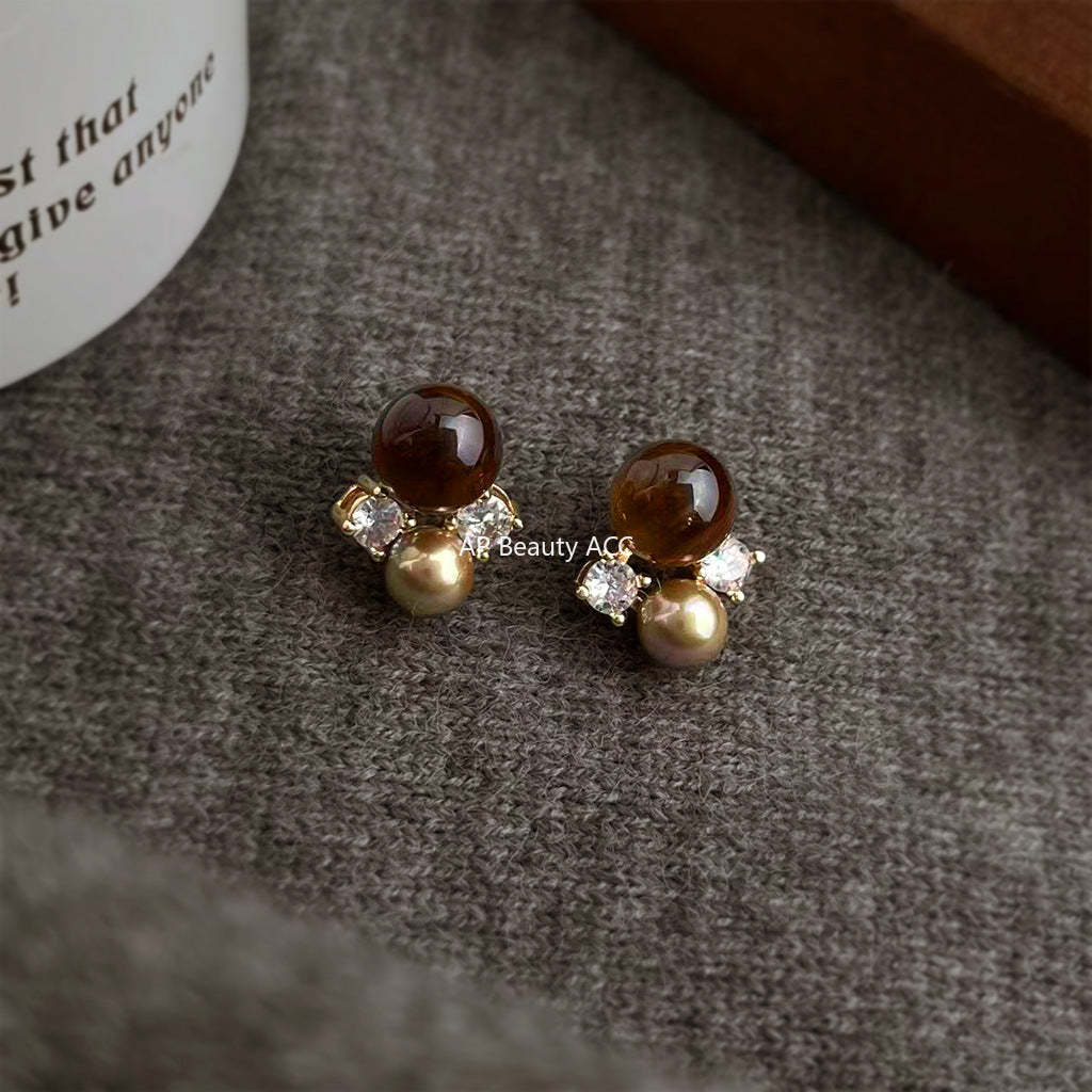 A廠-美拉德風 文藝復古天然石虎眼石925銀針鋯石幾何耳環新耳飾「7233」25.12-2