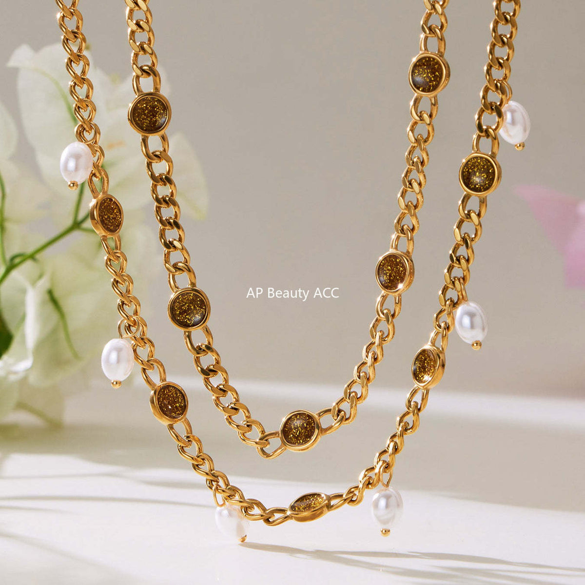 B廠-歐美熱銷款仿珍珠流蘇項鍊手鍊不鏽鋼鍍18k金ins小眾設計首飾套裝「TXP496」25.11-4