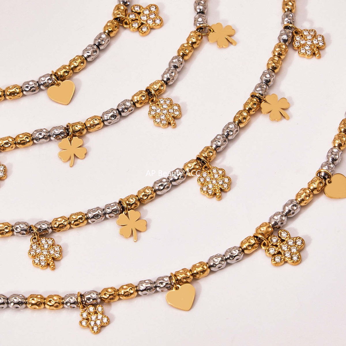 B廠-簡約不鏽鋼拼色項鍊手鍊套裝四葉草鑲嵌鋯石吊墜鍍18k真金「TXP467-TXE467」25.11-3