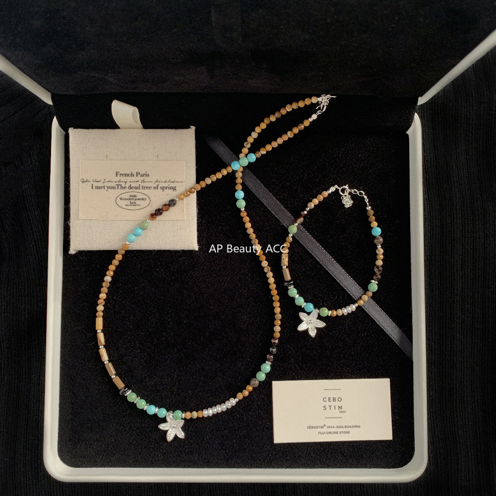 C廠-泰國清邁手工銀 天然珍珠花朵鋁鎂礦圖畫石S925純銀手鍊925銀項鍊「1540」25.11-2