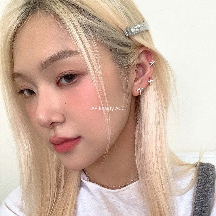 C廠-法式時尚鋯石耳環女輕奢百搭小眾設計十字架銀針耳扣秋冬氣質耳飾「EH-4259」25.11-3