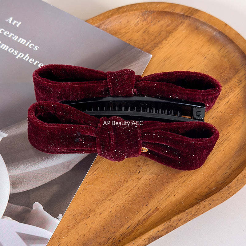 E廠-復古金絲絨細閃蝴蝶結香蕉夾女扭扭夾秋冬新款高馬尾竪夾髮卡髮飾「27763」25.12-1