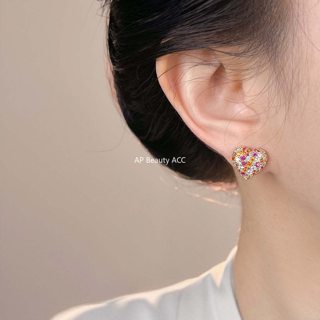 A廠-輕奢風時尚滿鋯石彩鑽愛心 925銀針耳環女時尚高級感通勤百搭耳飾「7180」25.12-1