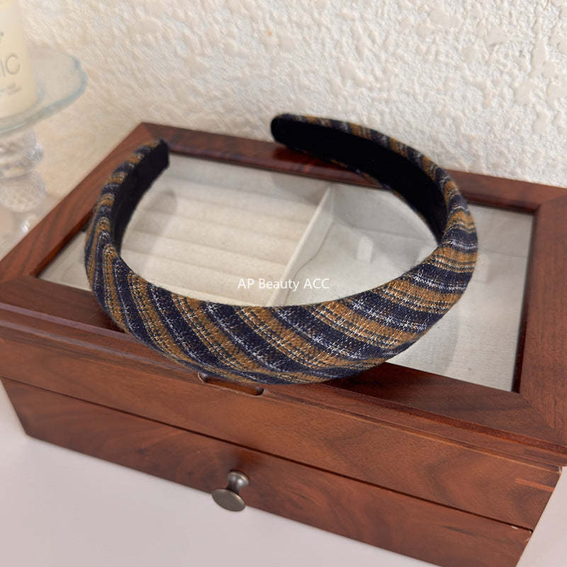 E廠-韓國經典復古格紋凹凸髮箍女2025新款法式高顱頂寬邊氣質頭箍髮飾「27675」25.11-3