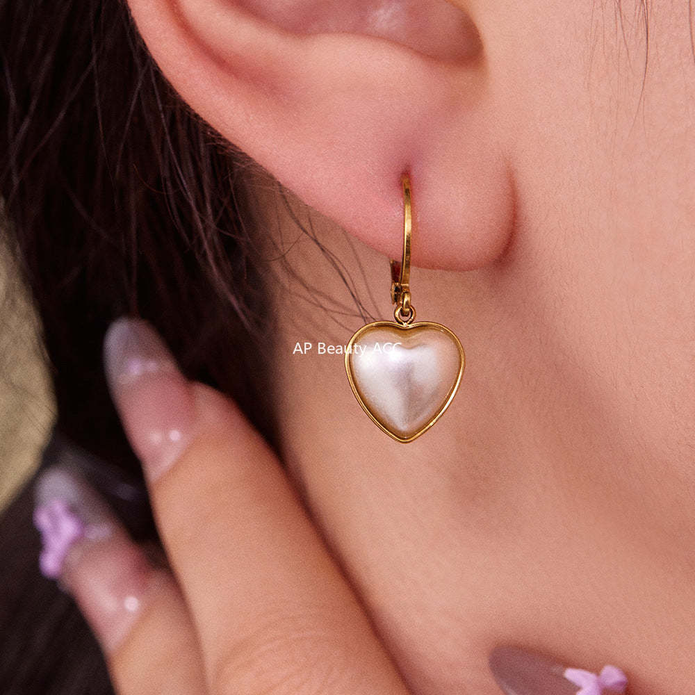 B廠-跨境新款飾品不鏽鋼愛心貝珠吊墜耳環鍍18k真金耳飾不掉色「F017」25.10-5