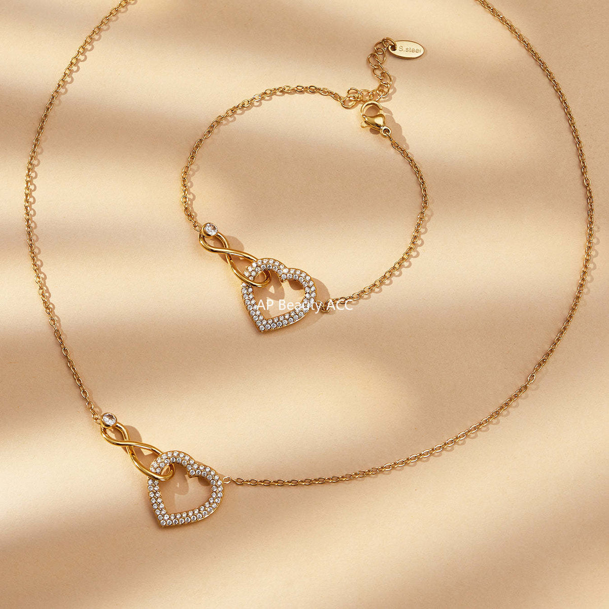 B廠-不鏽鋼滿鑽超閃愛心8字交叉項鍊手鍊套裝歐美風時尚飾品鍍18k真金「TXP529」25.12-3