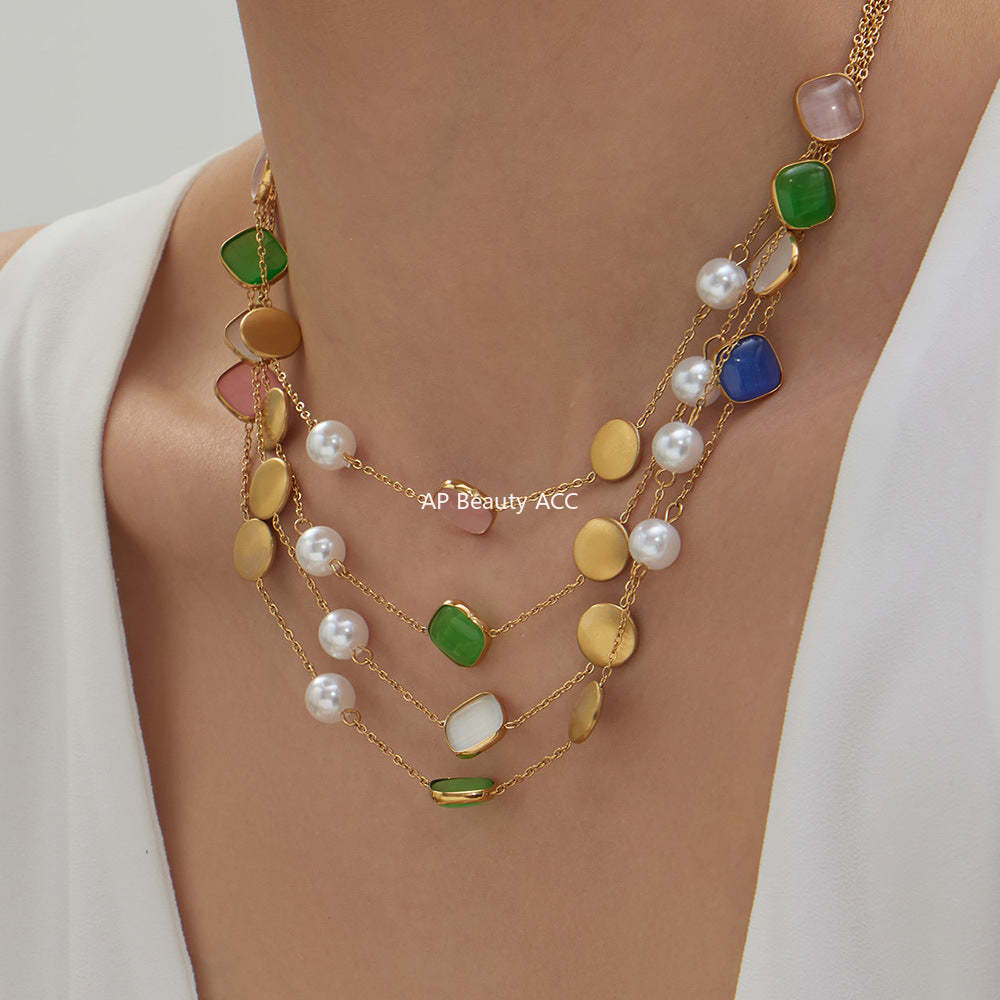 B廠-不鏽鋼貓眼石多色手工串膠珠鎖骨項鍊鍍18k真金質感女款珠寶首飾「P822」25.12-2