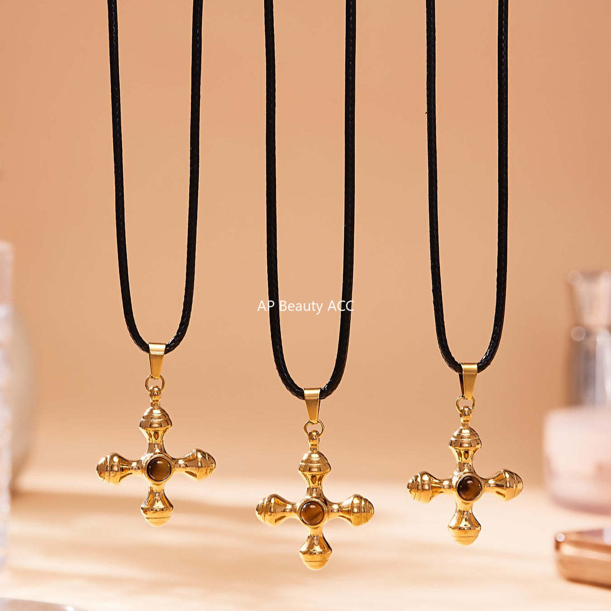 B廠-ins小眾設計虎眼石不鏽鋼十字架吊墜皮繩長款毛衣鏈鎖骨鏈「M082」25.11-3