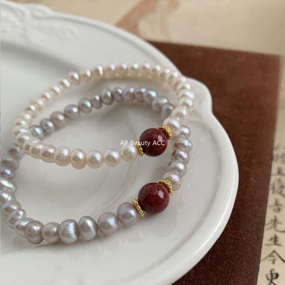C廠-新中式宮廷極光淡水珍珠手鍊女款輕奢高級感高含量天然朱砂手鍊「1637」25.12-3