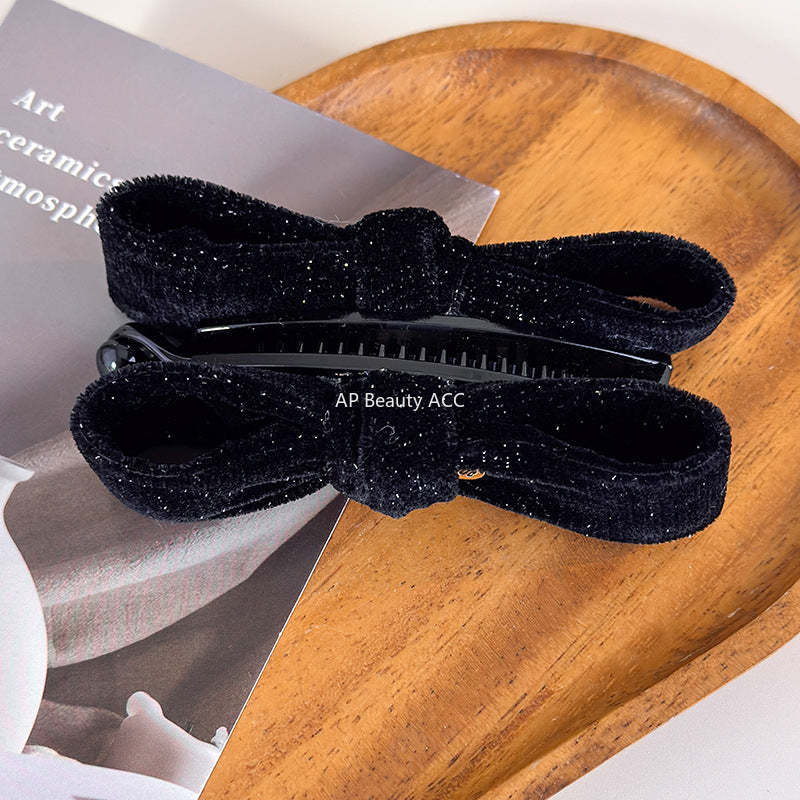 E廠-復古金絲絨細閃蝴蝶結香蕉夾女扭扭夾秋冬新款高馬尾竪夾髮卡髮飾「27763」25.12-1