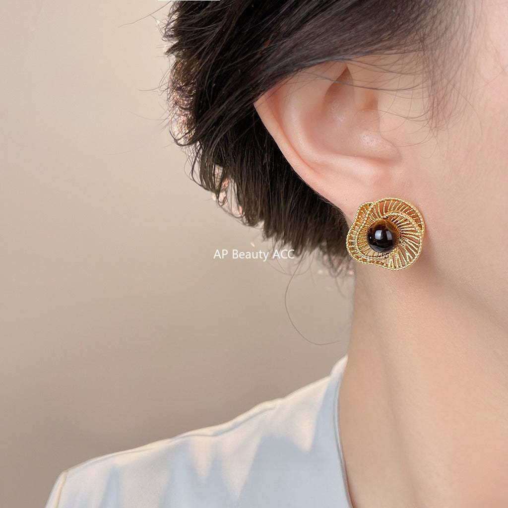 A廠-美拉德風文藝復古虎眼石天然石秋冬爆款新款幾何鏤空花朵耳飾耳環「6976」25.10-5