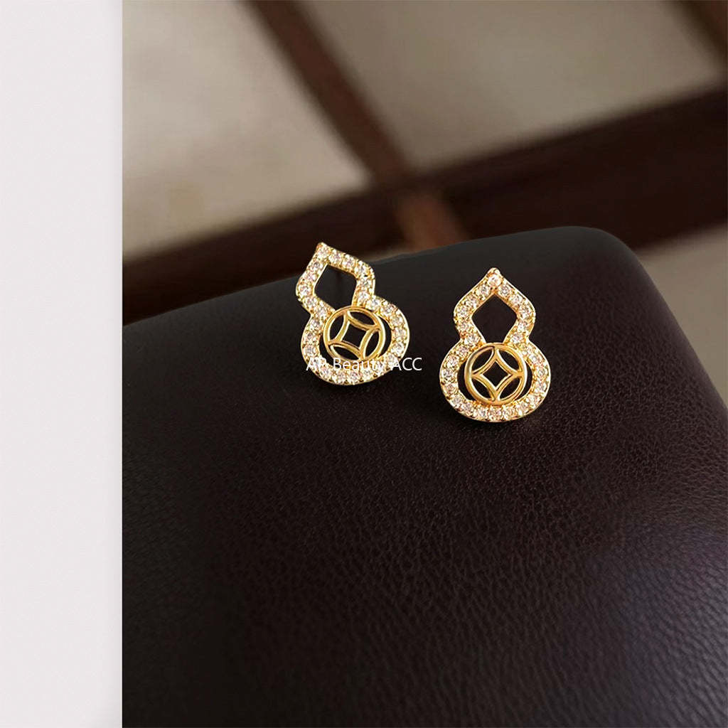 A廠-葫蘆~微鑲鋯石925銀針保色電鍍時尚通勤高級感輕奢風新款耳環耳釘「7181」25.12-1