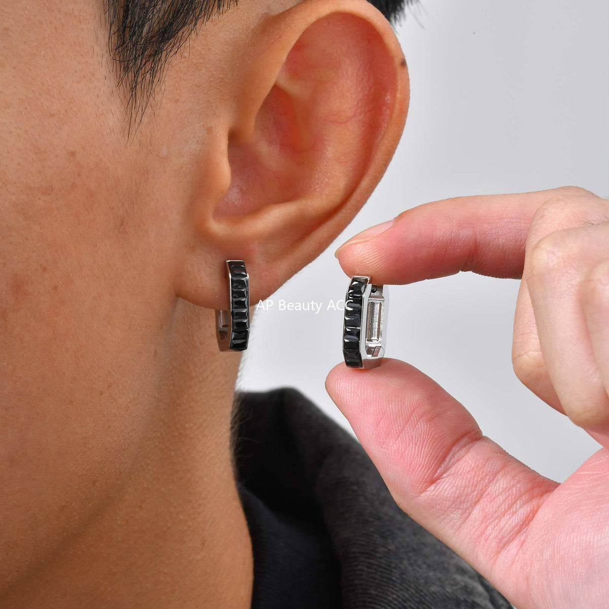 G廠-不鏽鋼黑色水鑽八邊形潮流玩家INS 風男友風耳圈鋼色「EH-802」25.12-1