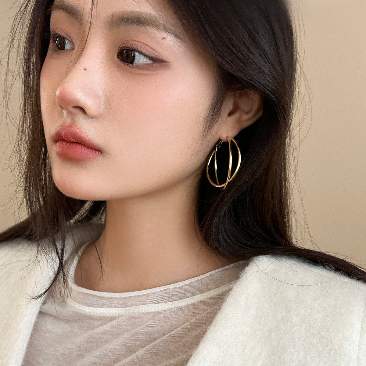 C廠-高級感誇張雙層交叉大圈耳環女輕奢時尚銀針耳扣獨特個性耳飾品「EH-3500」25.05-3
