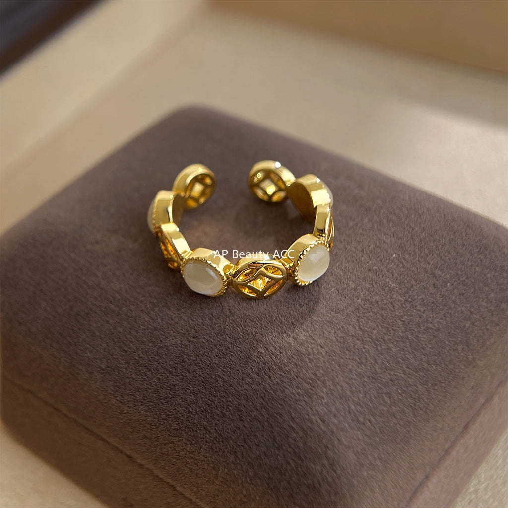 A廠-【八方來財】厚鍍真金保色玻璃貓眼石戒指開口可調節指環手飾「7241」25.12-3