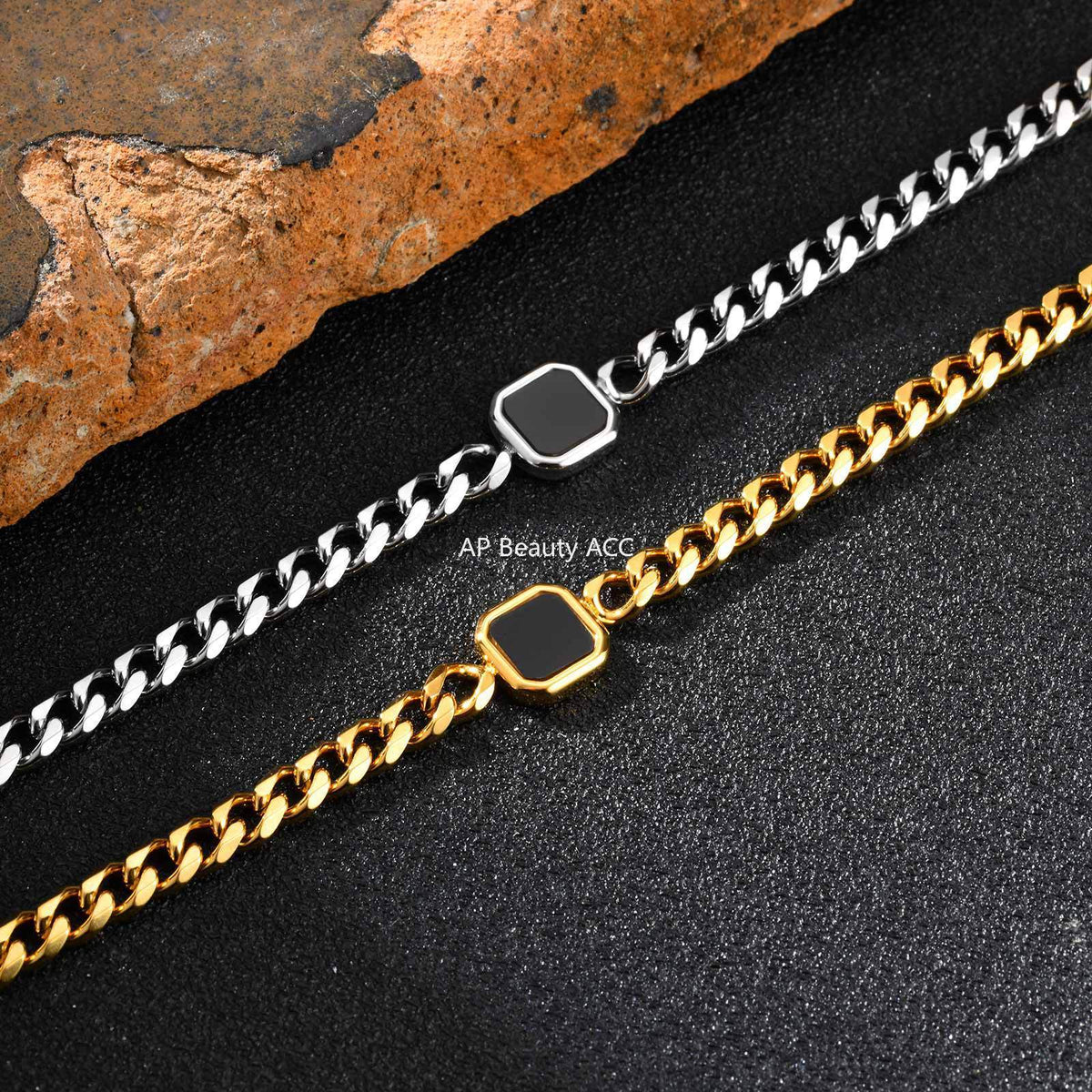 G廠-潮男ins嘻哈歐美不鏽鋼壓克力六面磨鏈手鍊金色「BR-2662」25.10-5