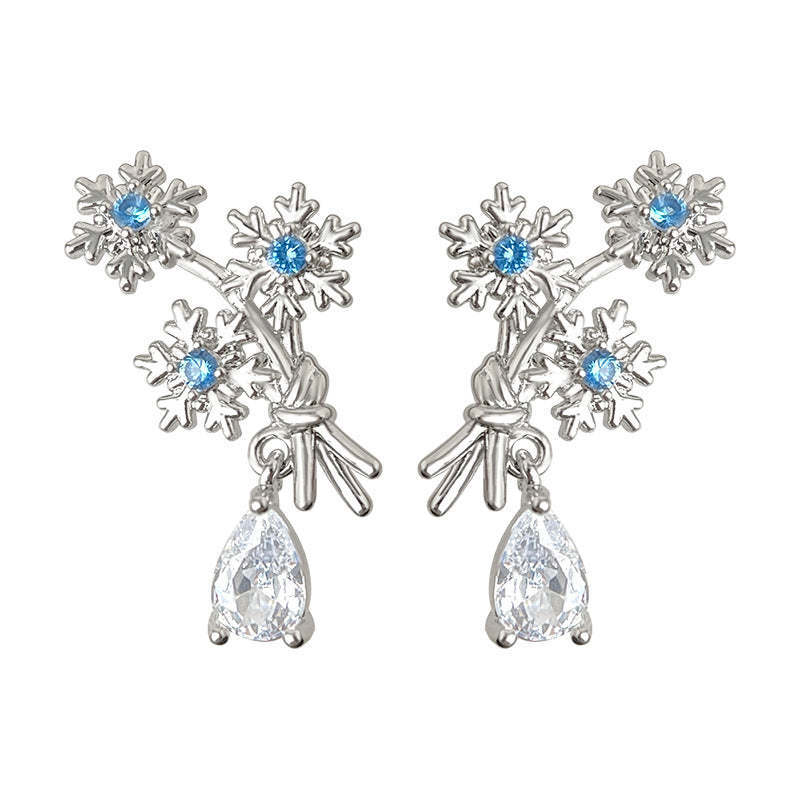 A廠-原創飄雪~海藍寶鋯石925銀針雪花設計師耳環氣質個性創意新耳飾「7158」25.11-4