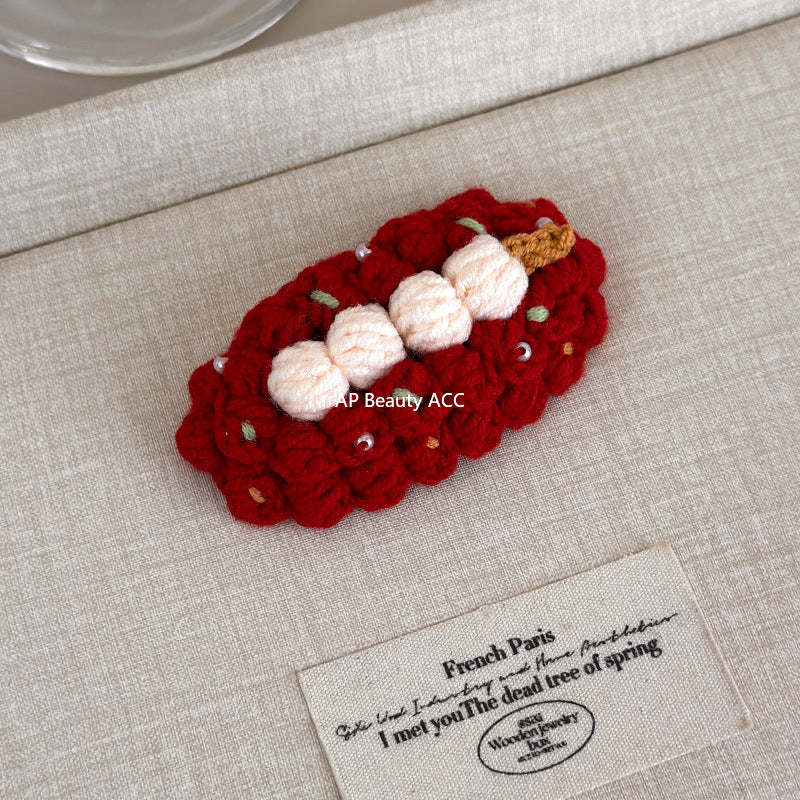 E廠-秋冬手工鈎針毛線水果髮夾女款2025新款前額bb夾側邊夾碎髮瀏海夾「27629」25.11-1