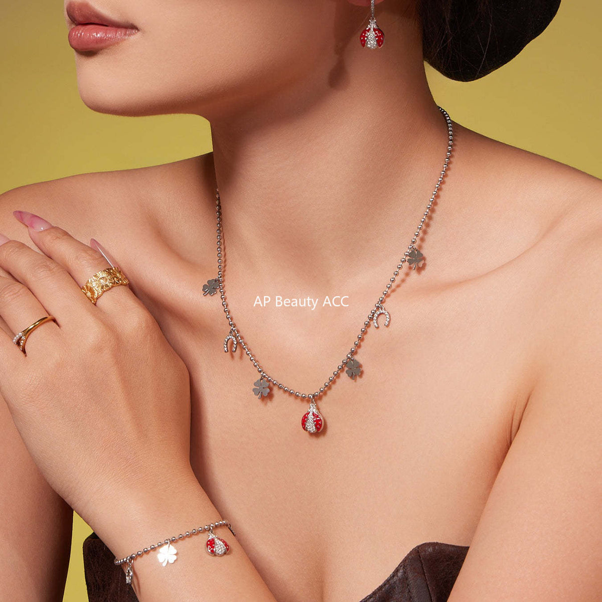 B廠-不鏽鋼5A鋯石滴油七星瓢蟲多配件吊墜項鍊手鍊耳環腳鏈套裝「TXP479」25.11-4