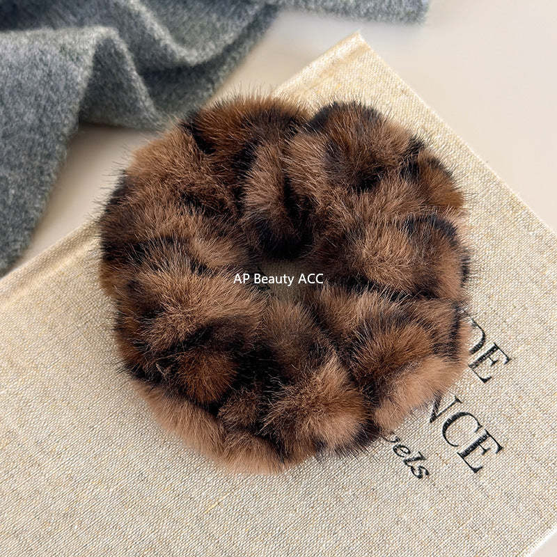 E廠-韓系秋冬毛絨豹紋大腸髮圈女高級感氣質扎頭髮馬尾頭繩髮繩髮飾「27635」25.11-1