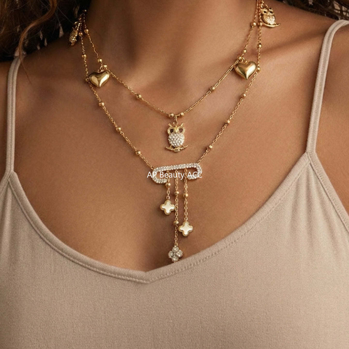 B廠-不鏽鋼貓頭鷹鑲鋯石DIY多配件愛心吊墜項鍊手鍊首飾套裝鍍18k真金「TXP528」25.12-3