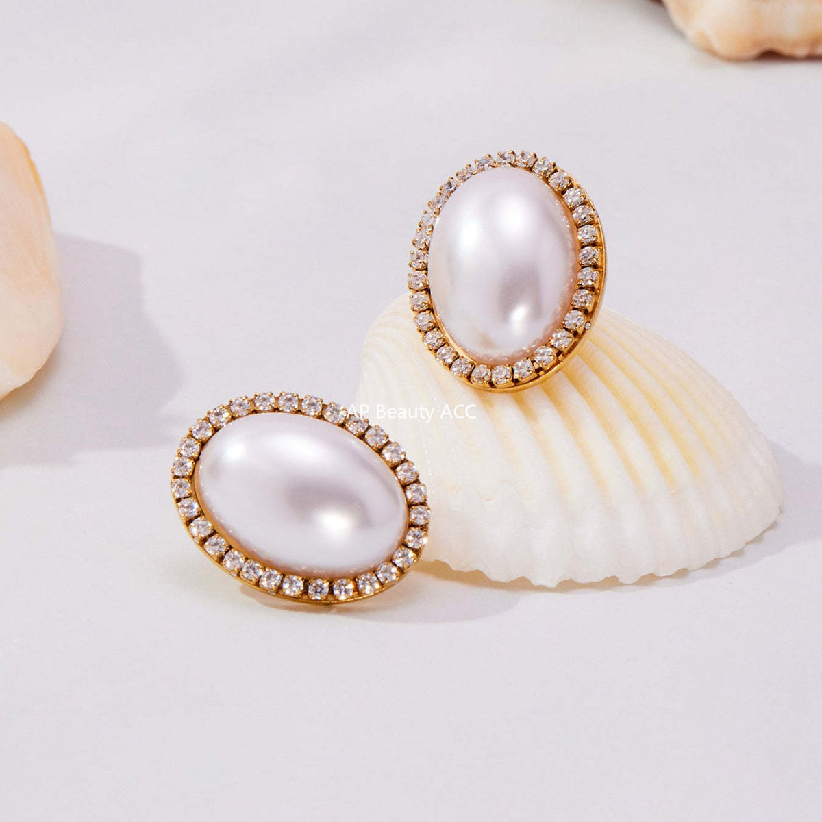 B廠-小眾設計感橢圓形貝珠鋯石耳環不鏽鋼鍍18k金跨境珠寶首飾「F793-F983」25.10-5