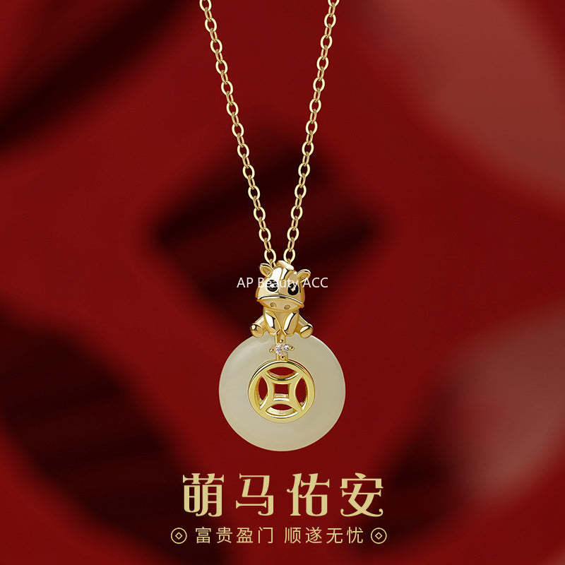 D廠-原創純銀S925小馬項鍊銅錢平安扣萌馬佑安本命年和田玉鎖骨鏈「YC3569N_1」25.12-2