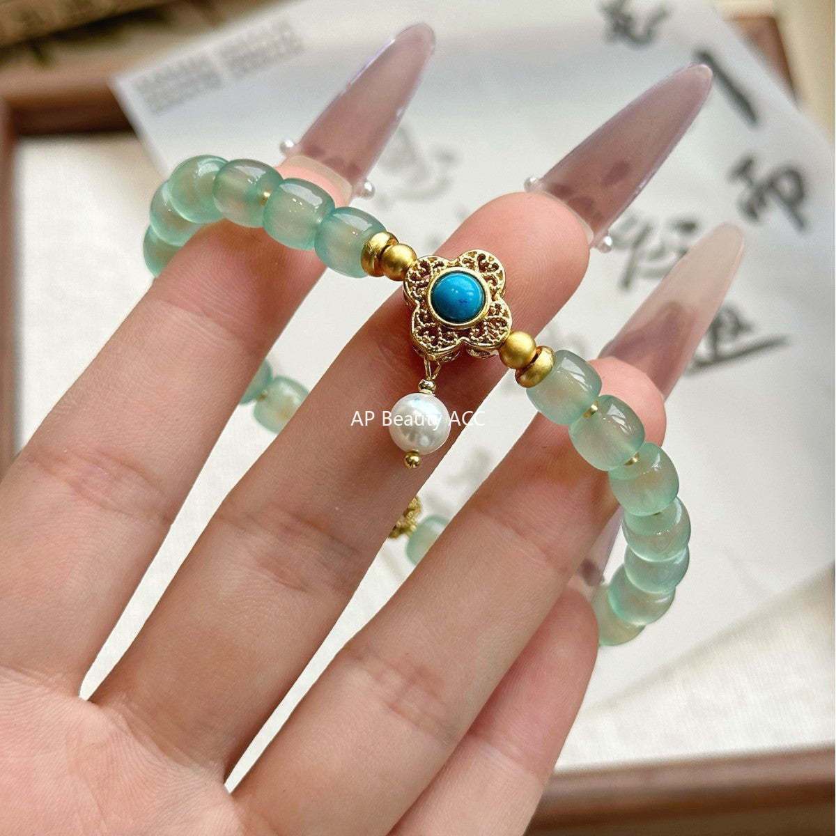 AS廠-天然綠玉髓老型珠施家珍珠設計款綠松新中式復古批發廠家直銷「l2959」25.10-5