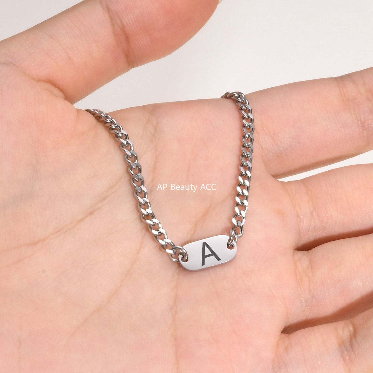 G廠-不鏽鋼磨鏈橢圓牌嘻哈小眾設計英文字母項鍊鋼色「NC-1898S」25.11-3