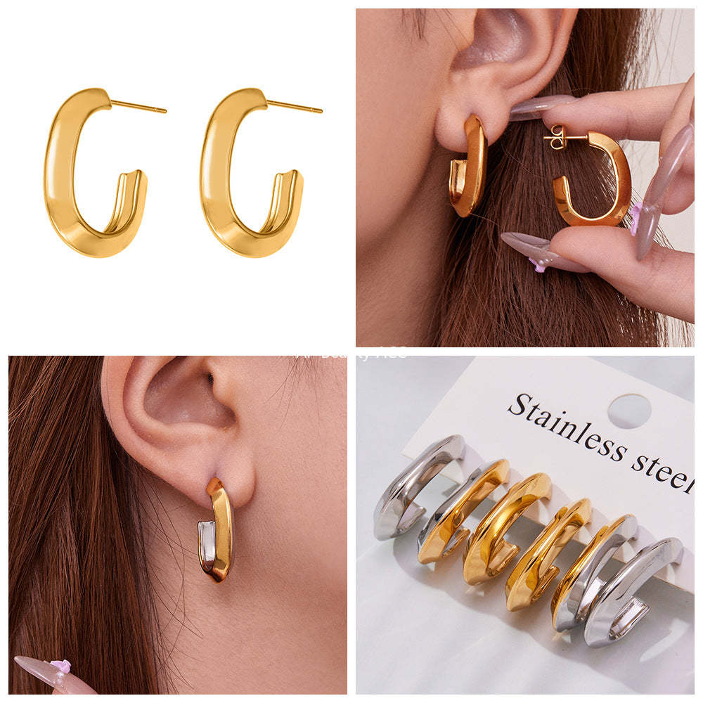 B廠-不鏽鋼凹槽弧面耳環歐美輕奢風小眾設計百搭耳飾鍍18k真金「F623」25.10-5