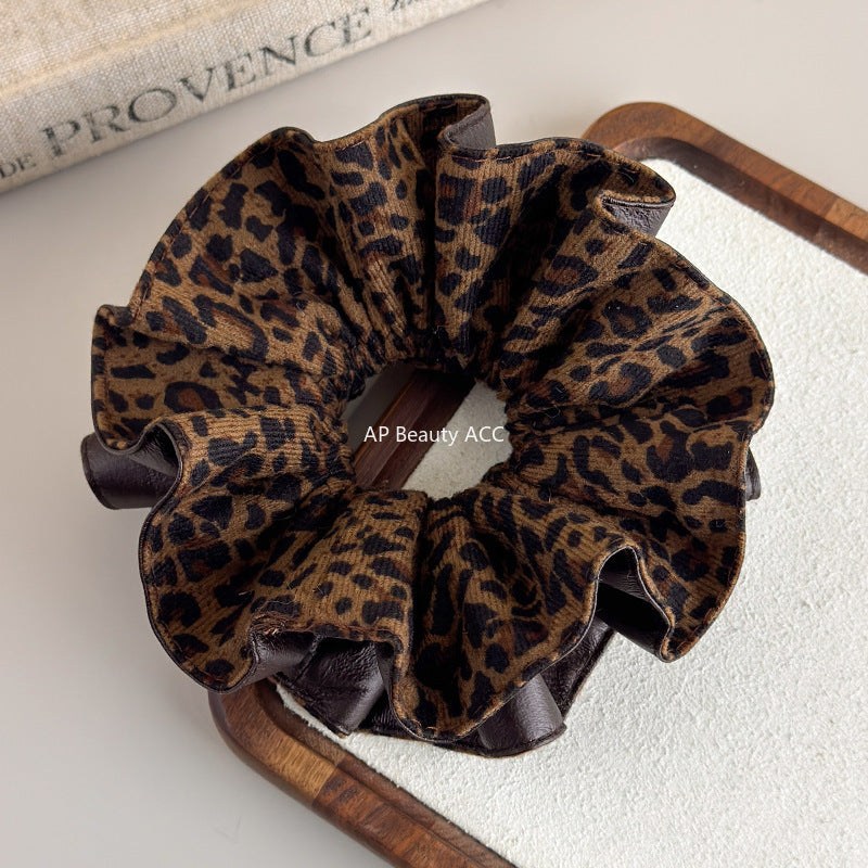 E廠-韓系pu皮豹紋雙面雙層大腸髮圈女氣質扎頭髮丸子頭髮繩低馬尾頭繩「27666」25.11-2