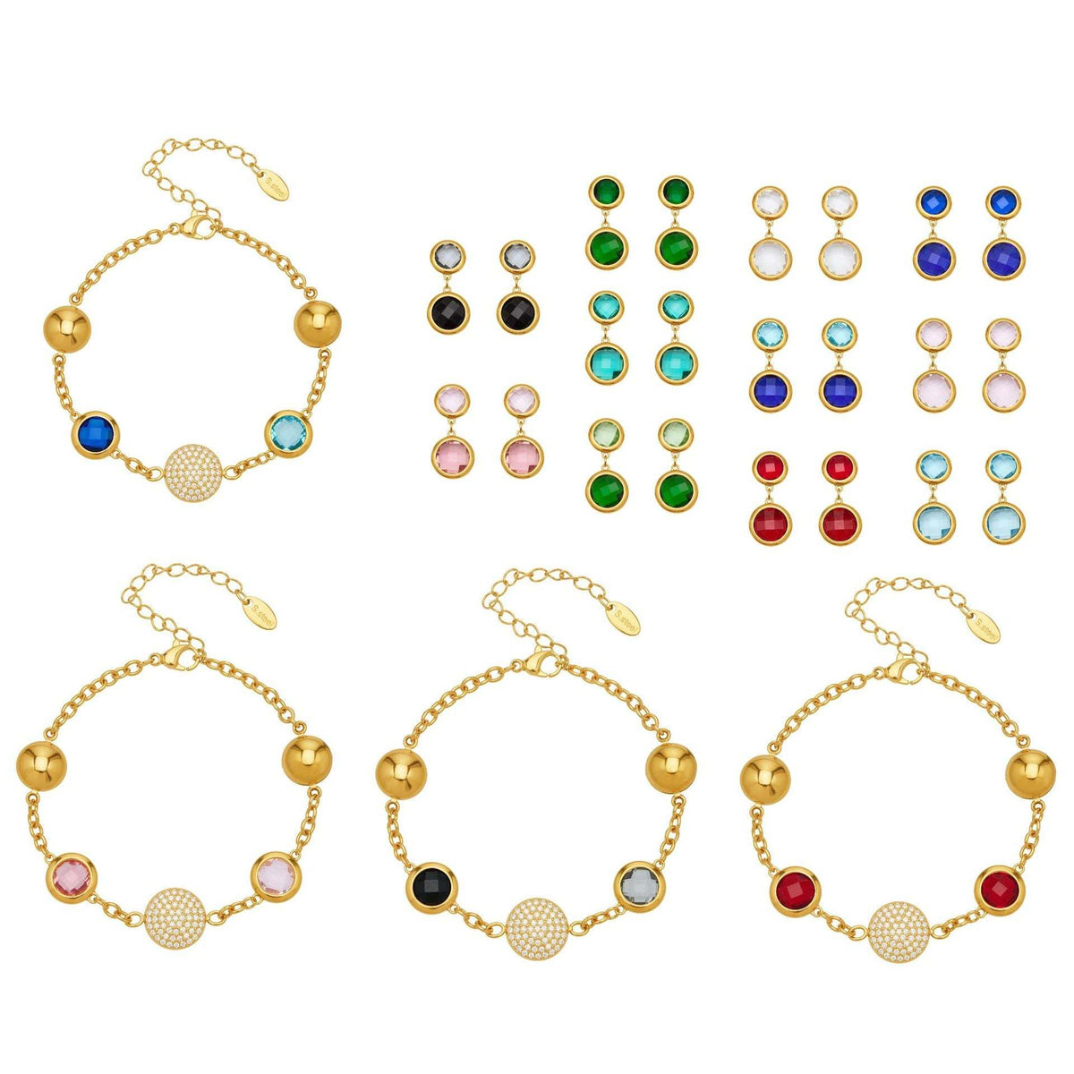 B廠-不鏽鋼滿鑽鋯石切麵包邊玻璃石手鍊耳環鍍18k真金首飾套裝不掉色「TXE508」25.12-1