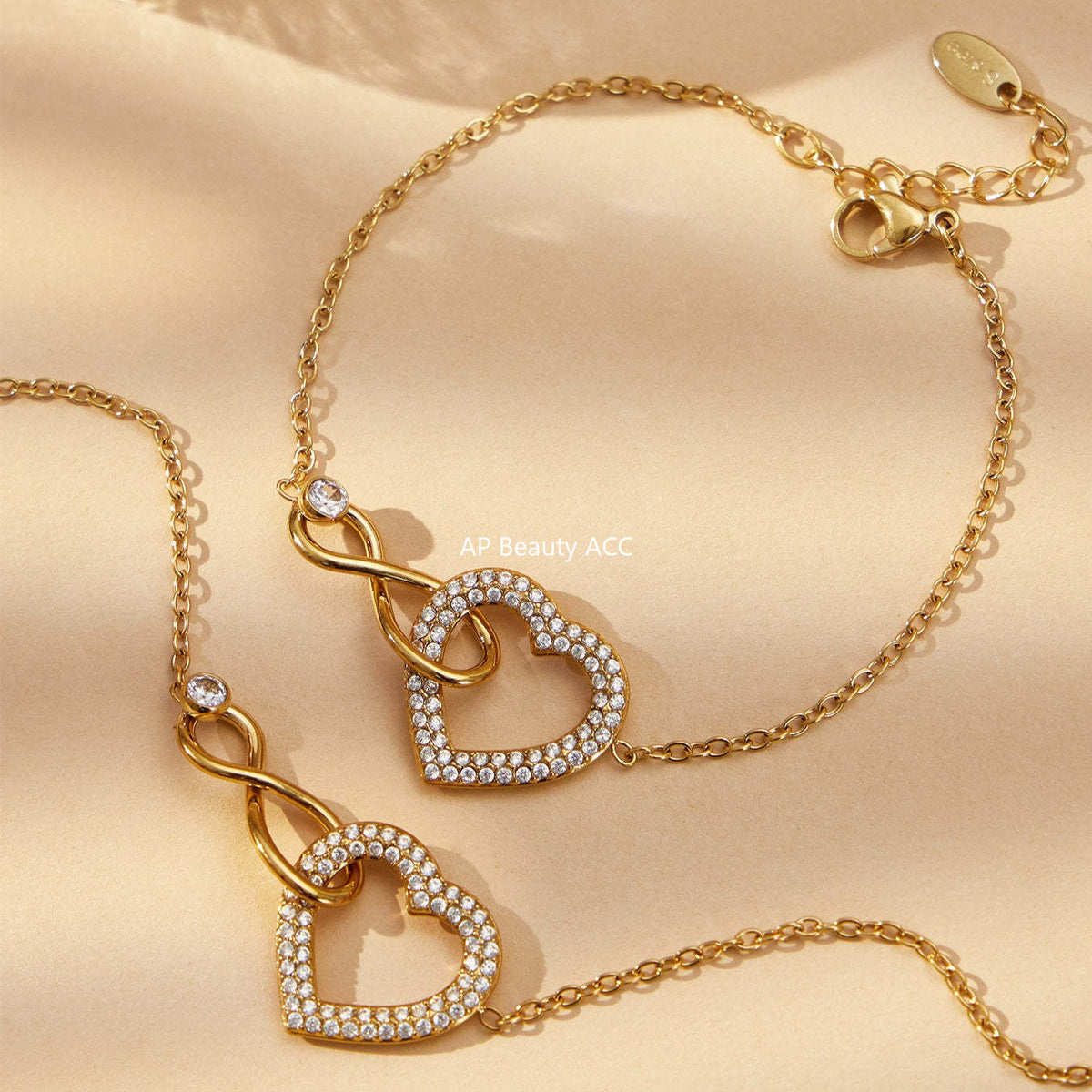 B廠-不鏽鋼滿鑽超閃愛心8字交叉項鍊手鍊套裝歐美風時尚飾品鍍18k真金「TXP529」25.12-3