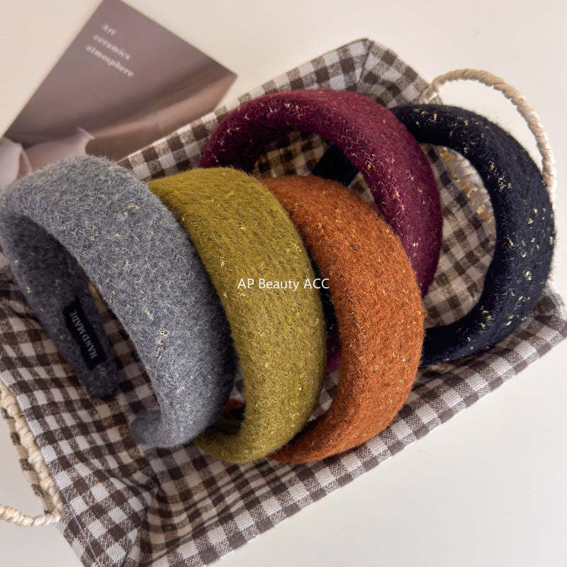 E廠-韓系小香風毛呢針織金絲寬邊髮箍女高級感洗臉頭箍氣質百搭壓髮卡「27725」25.11-4