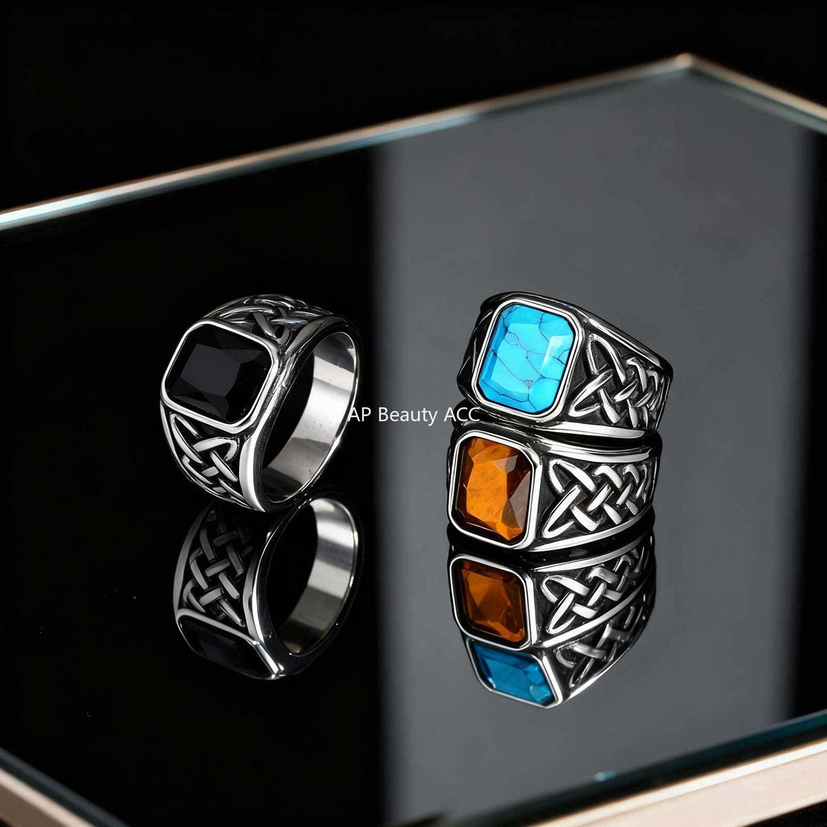 G廠-不鏽鋼男式扳指方形綠松石虎眼石凱爾特結戒指送男友「RC-605」25.12-2