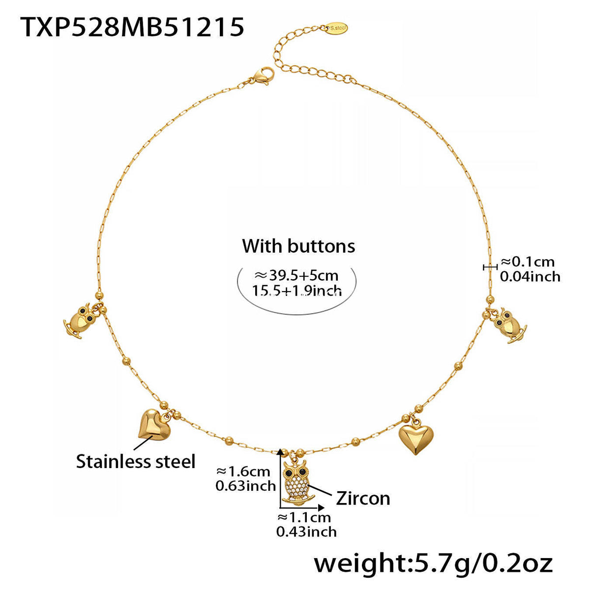 B廠-不鏽鋼貓頭鷹鑲鋯石DIY多配件愛心吊墜項鍊手鍊首飾套裝鍍18k真金「TXP528」25.12-3