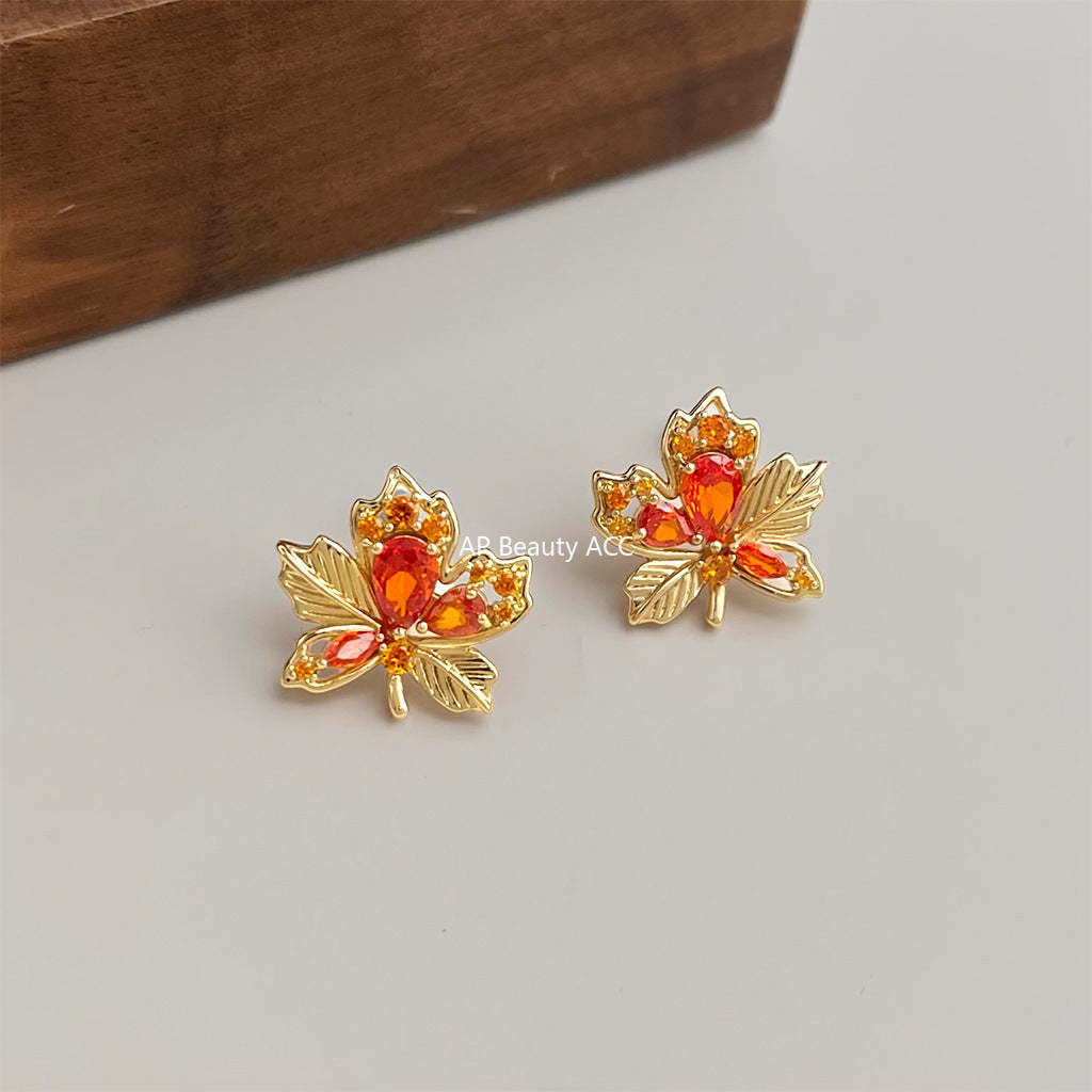 A廠-原創楓葉鑲嵌鋯石時尚通勤高級感輕奢風新款個性創意小眾耳環耳飾「7086」25.11-4