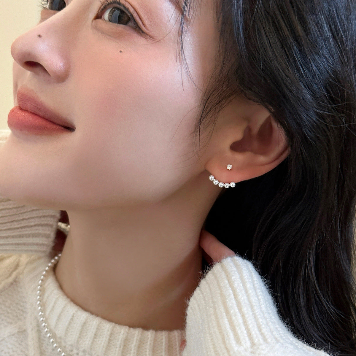 C廠-925銀針珍珠後掛耳釘女輕奢氣質簡約鋯石耳環時尚百搭高級感耳飾「EH-3553」25.05-4
