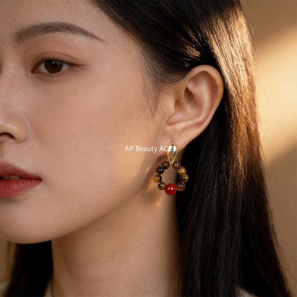 A廠-文藝復古時尚高級感天然石虎眼石幾何圓形氣質耳飾工廠耳環飾品女「7230」25.12-3