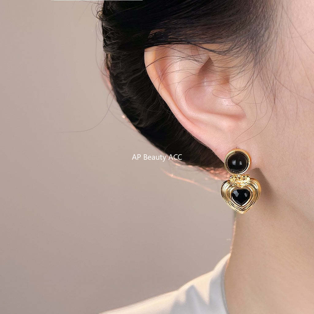 A廠-秋冬爆款美拉德風文藝復古天然石虎眼石中古耳飾工廠愛心幾何耳環「7187」25.12-1